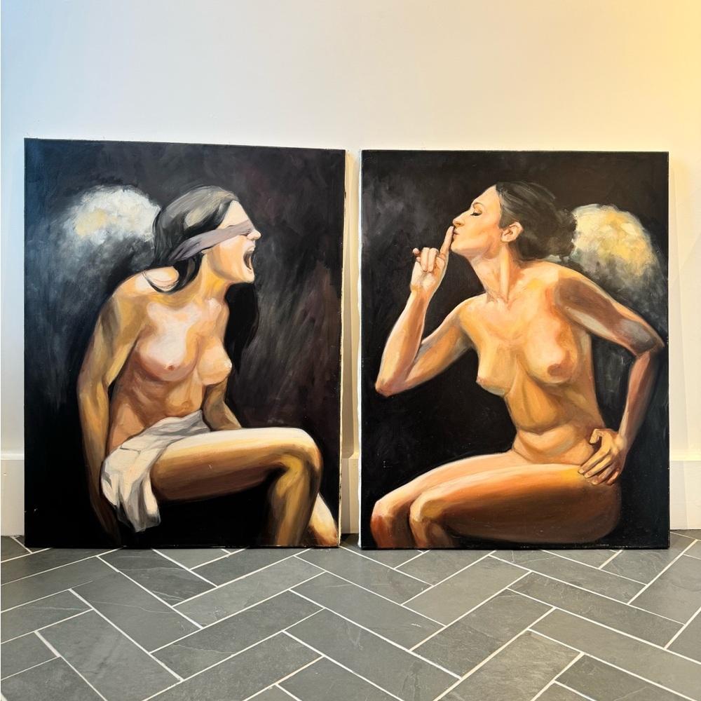 Elegant Nude Angel Art Set - Black and Cream